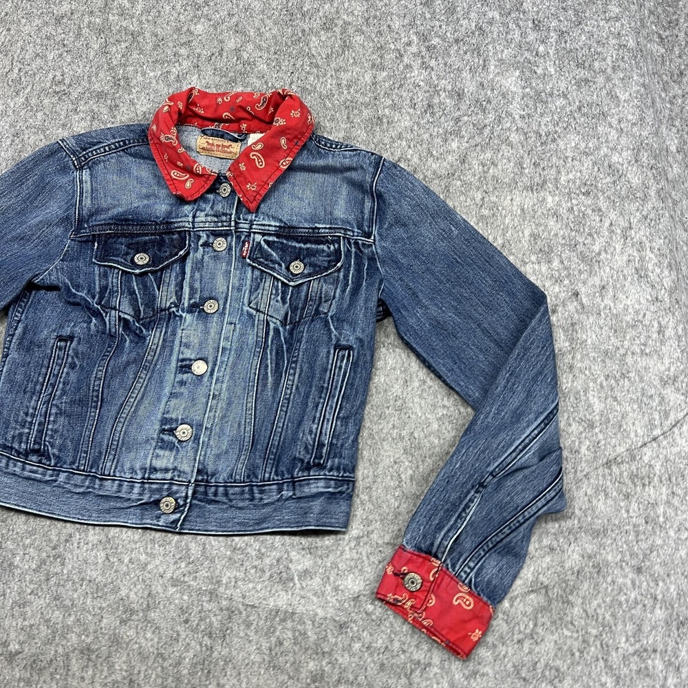 Levis Jacket Womens S Blue Denim Trucker Western Bandana Paisley Collar Cuffs - Picture 5 of 16